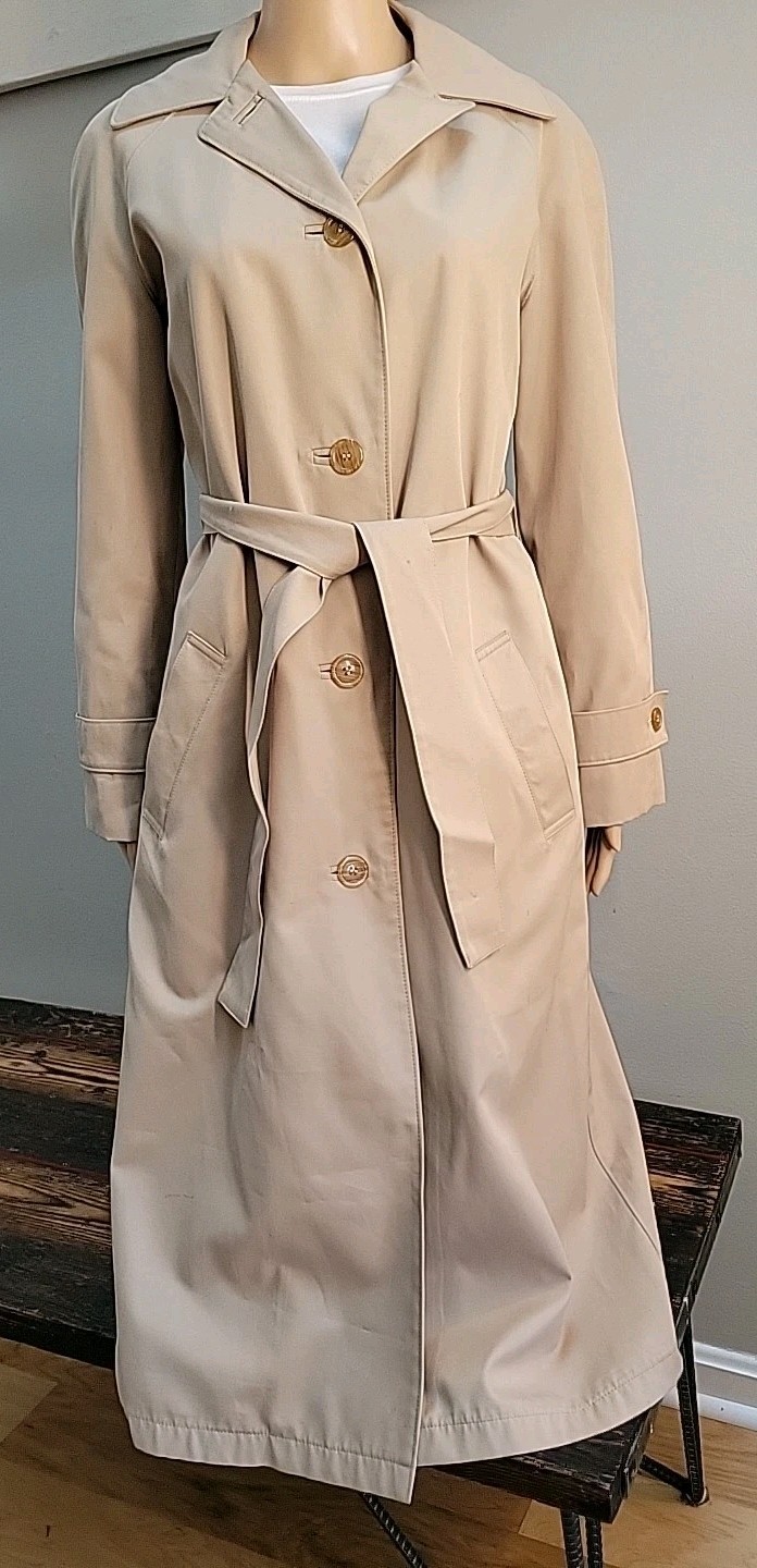 Vtg Halston for Misty Harbor Belted Lined Tan Womens Sz 6 Trench Raincoat Button