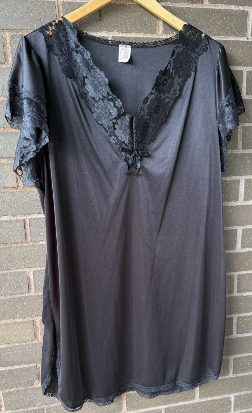 Vtg Petra Fashions Black Lace Slip Dress Nightgown Size L Made in USA RN 68223