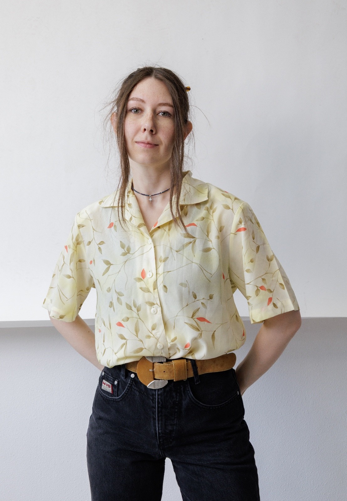 Vintage 90s Cream Botanical Print Longline Tunic Blouse Camp Collar Women&rsquo;s L