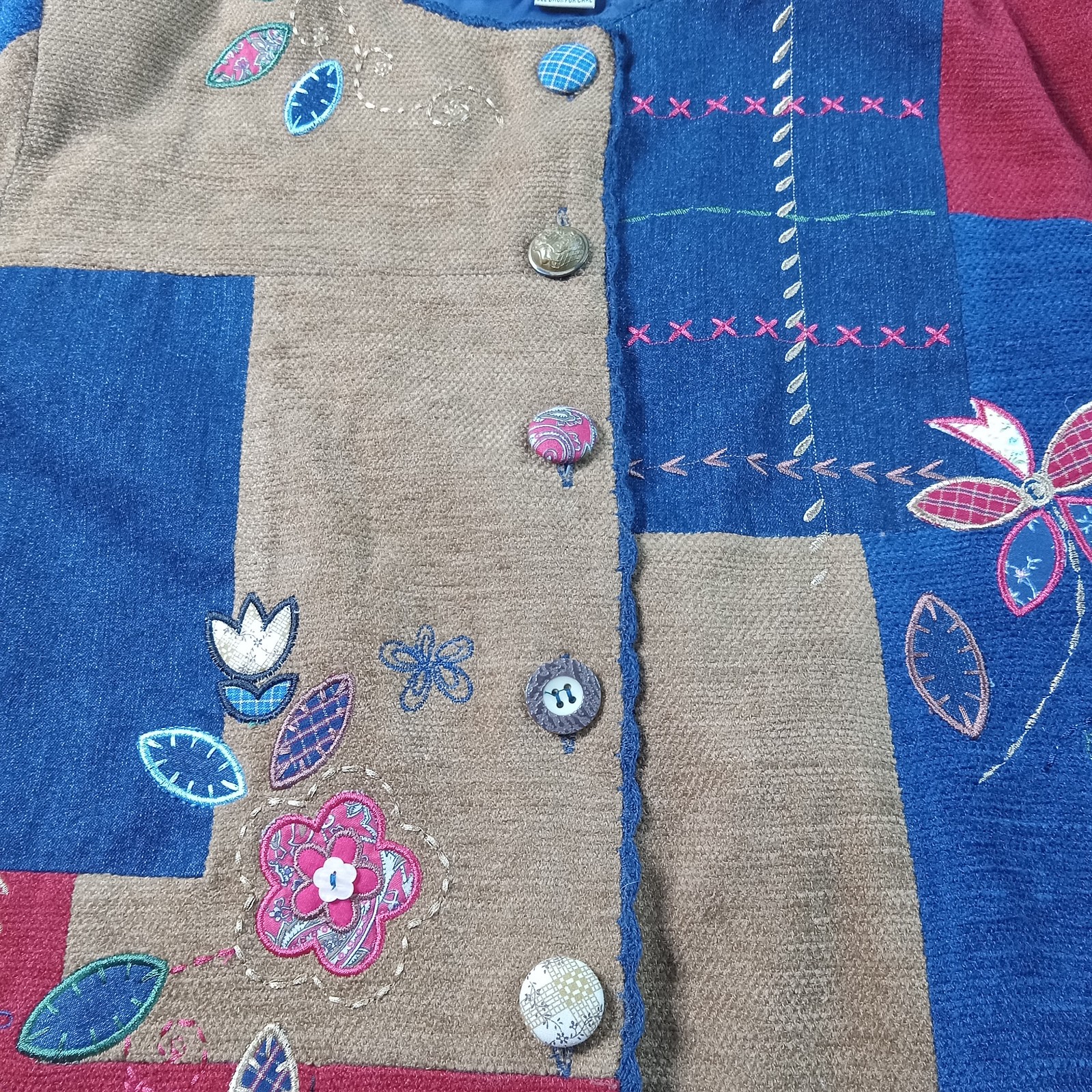 Koret City Blues Patchwork Jacket W-16 Mixed Media Lined Embroidery Vtg 90s Flaw