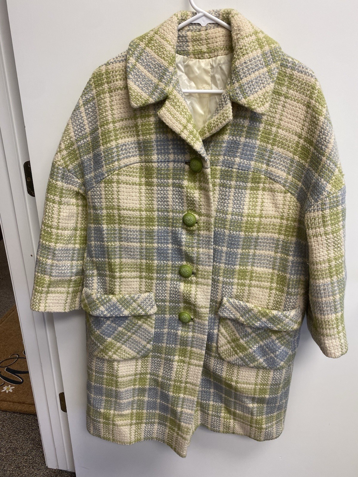 ILGWU 1960s Plaid Coat Green Blue Ivory Vintage Union Made Large Buttons