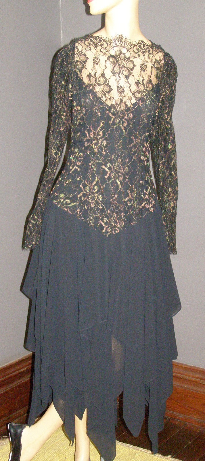 Vintage 80&rsquo;s colorful lace & black chiffon FAIRY DRESS M L hanky hem CASADEI