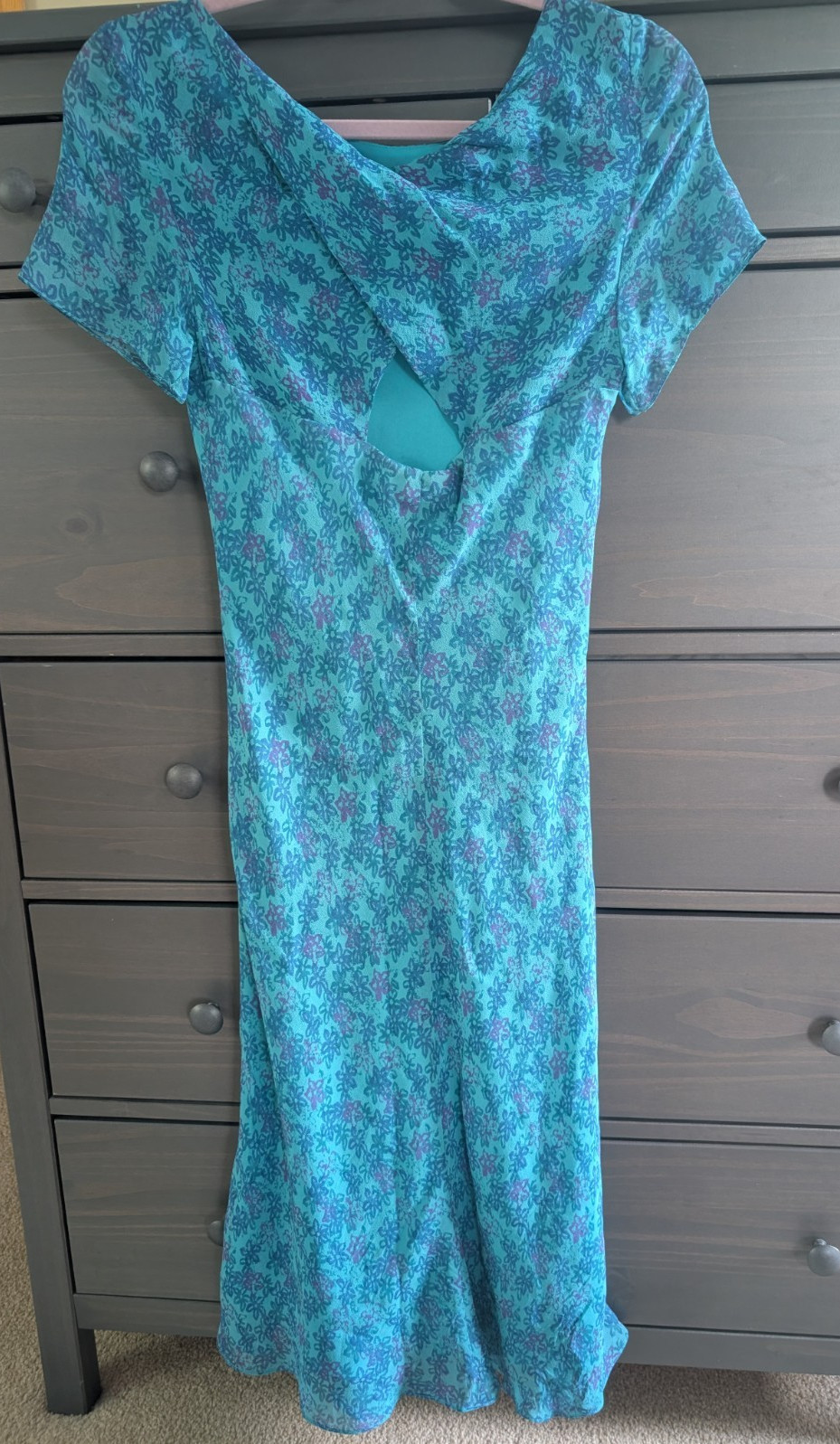 David Warren Petite Silk Floral Midi Dress Teal Purple Cutout Back Size 6P