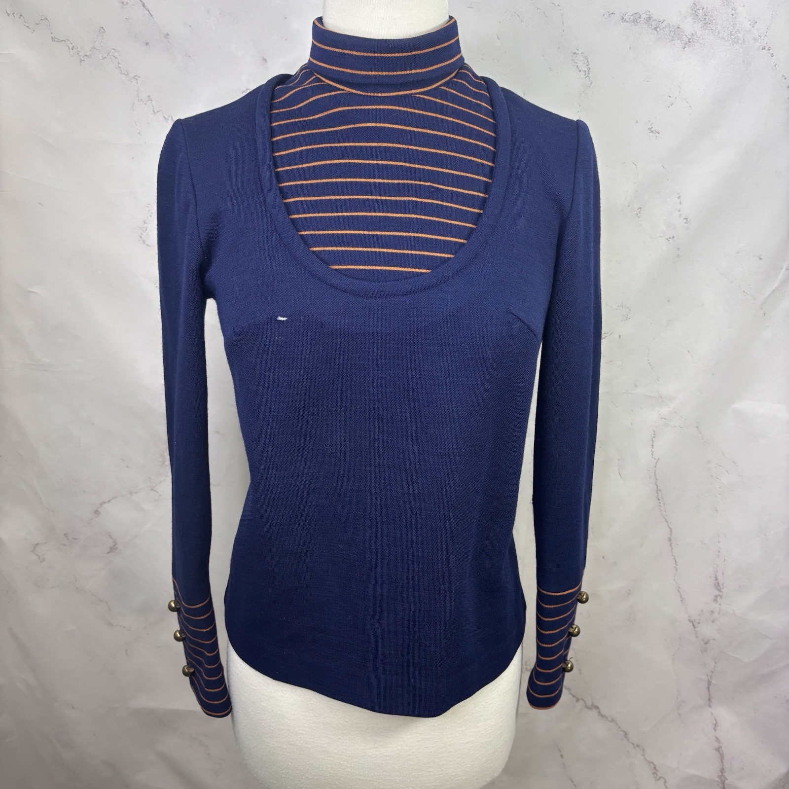 Vintage 60s MOD Nautical Top Blouse Twiggy Mock Neck Black Zip Union S USA Flaw