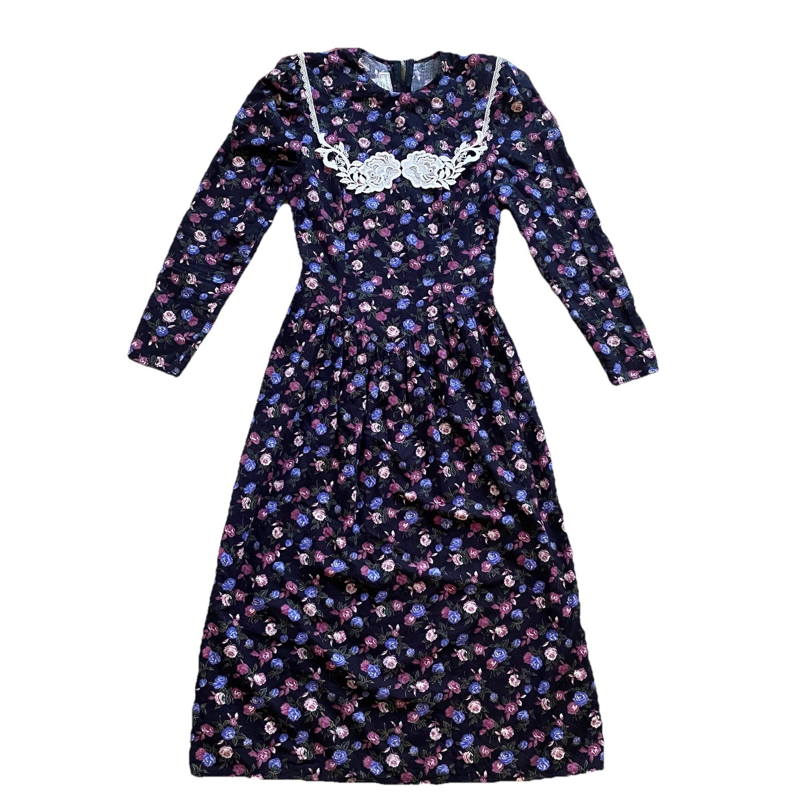 Vintage Gunne Sax Black Floral Dress Lace Bib 5/6 Small 90s Jessica McClintock