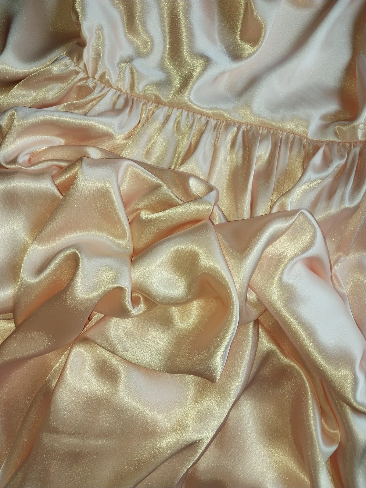 Vtg SATIN IMPORTED PEACH PINK COWL CASCADE 350&Prime; GRAND SWEEP FLARE MAXI DRESS L42