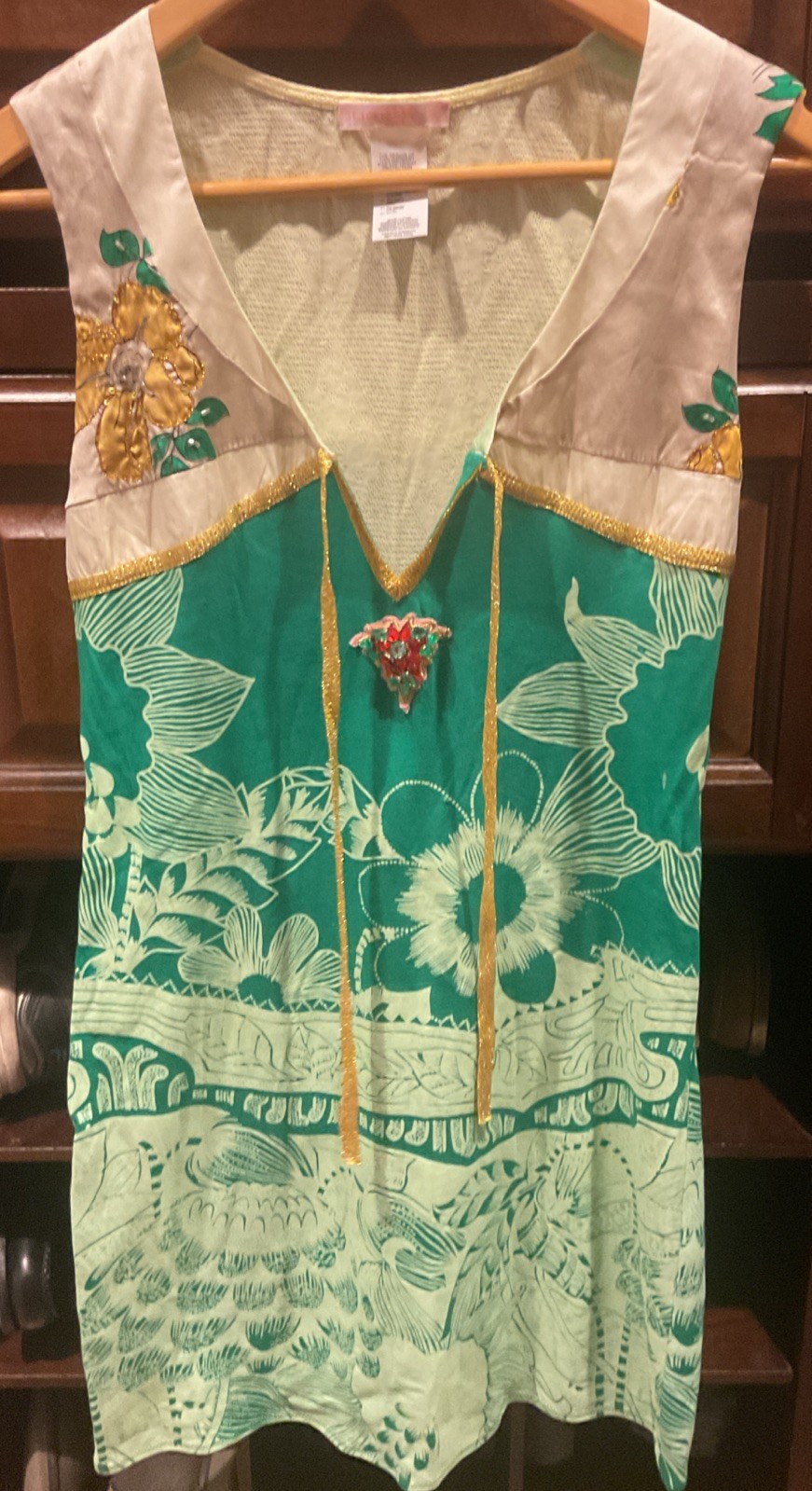 Y2K Custo Barcelona Silk Blend Beads/Gem Tunic Dress Floral Print Green SZ 4 NEW