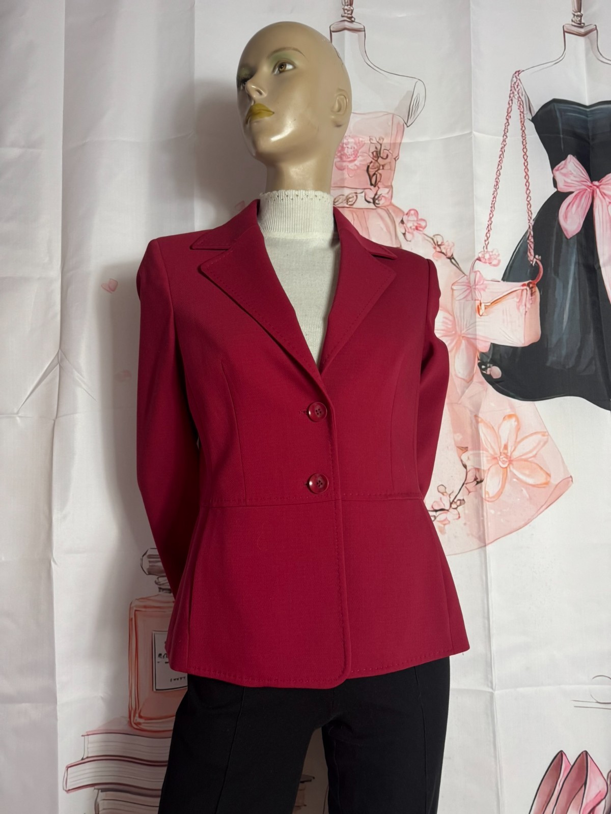 Escada blazer black cherry virgin wool peplum shoulder pads size 36 38 40 MINT condition
