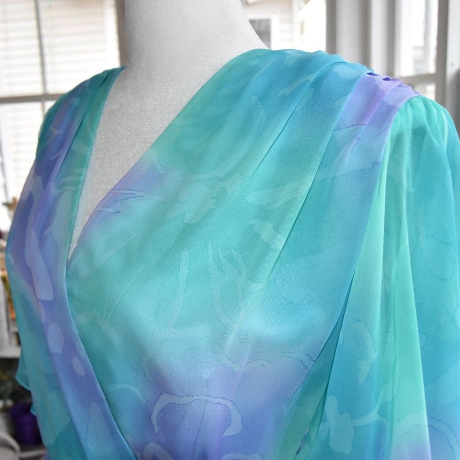 Vintage 70s 80s Aqua Lavender Chiffon Wrap Formal Gown Dress Size 14
