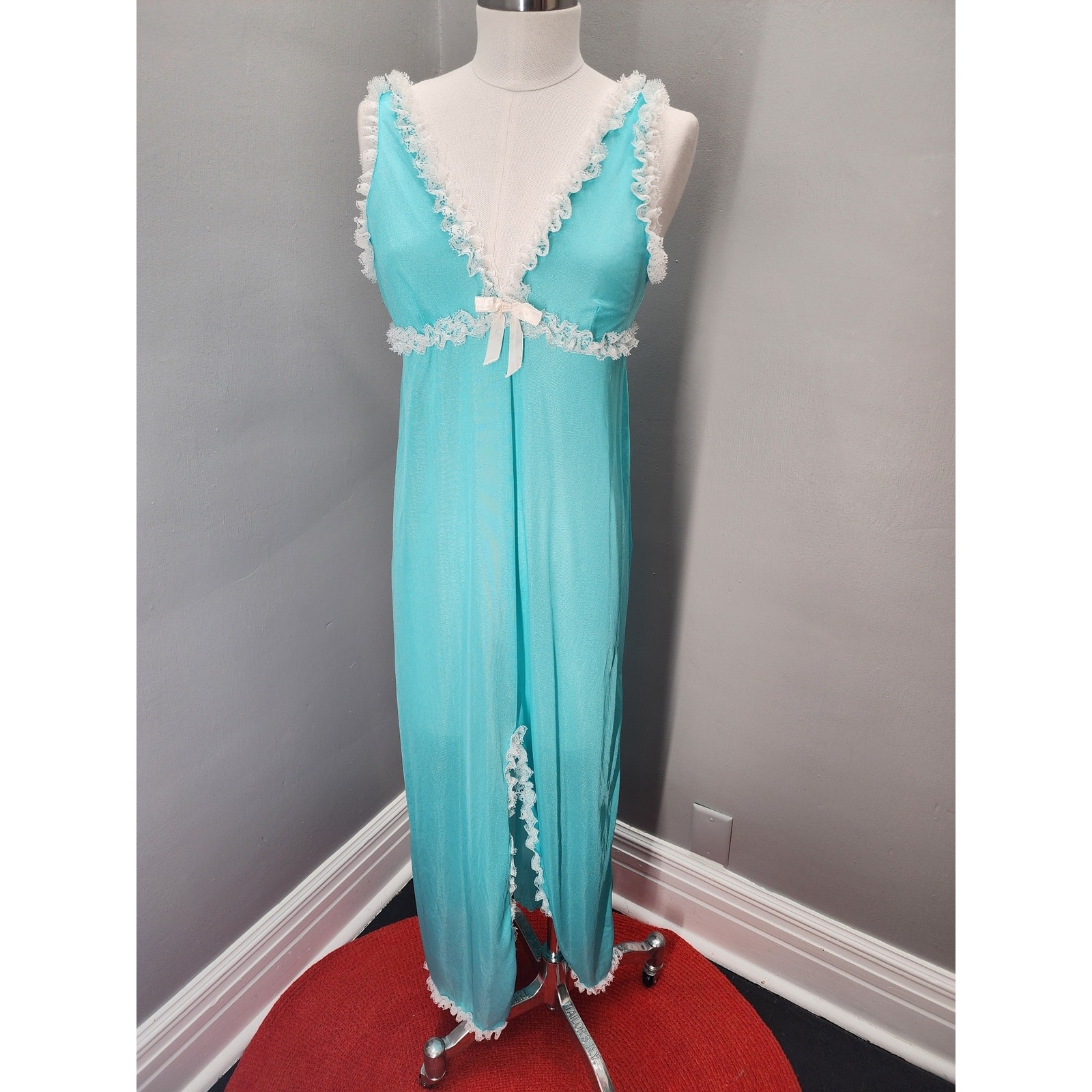 80s Robin Egg Blue Nylon Lace Column Gown Made in USA – M