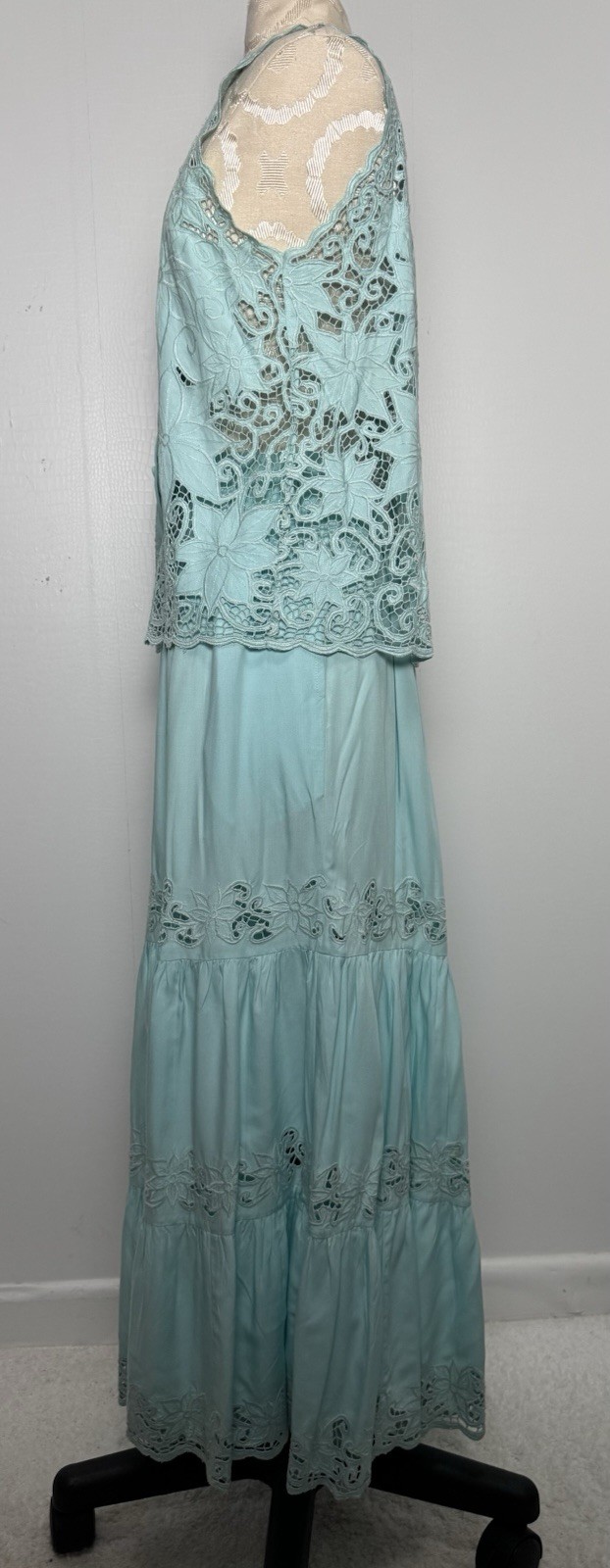 Vintage Aqua Blue Cutwork Lace 2 Pc Dress Set Boho Resort Maxi M