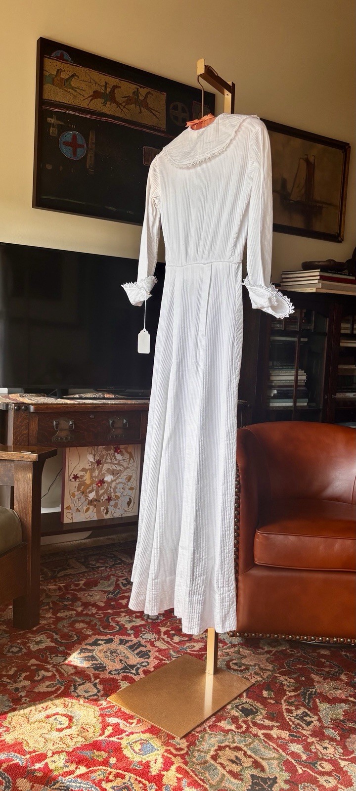 Antique Edwardian Early 1900s White Cotton Dressing Gown Robe Sz S Empire Waist