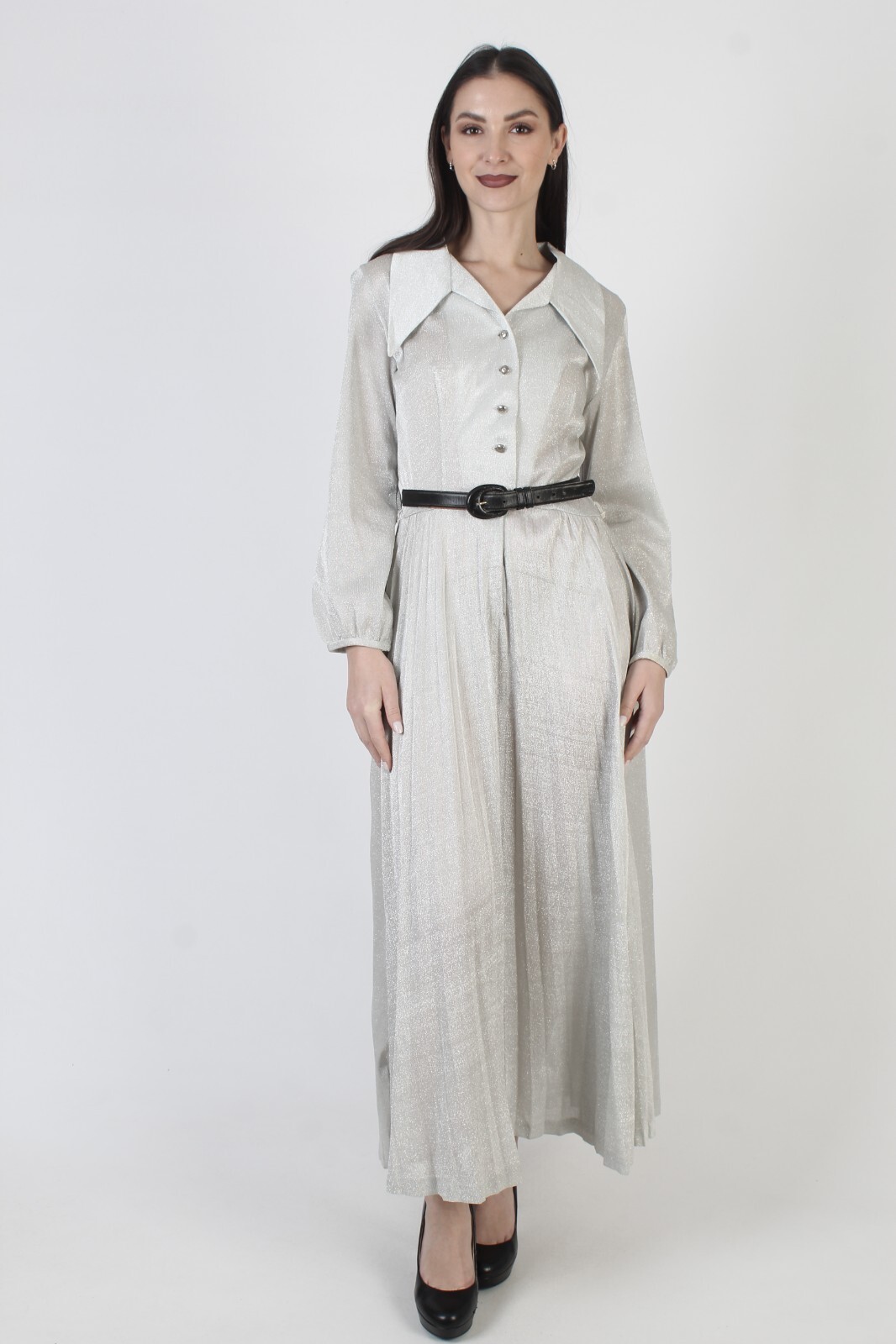 Vintage Silver Metallic Dress Dagger Butterfly Collar Long Cocktail Pockets Maxi