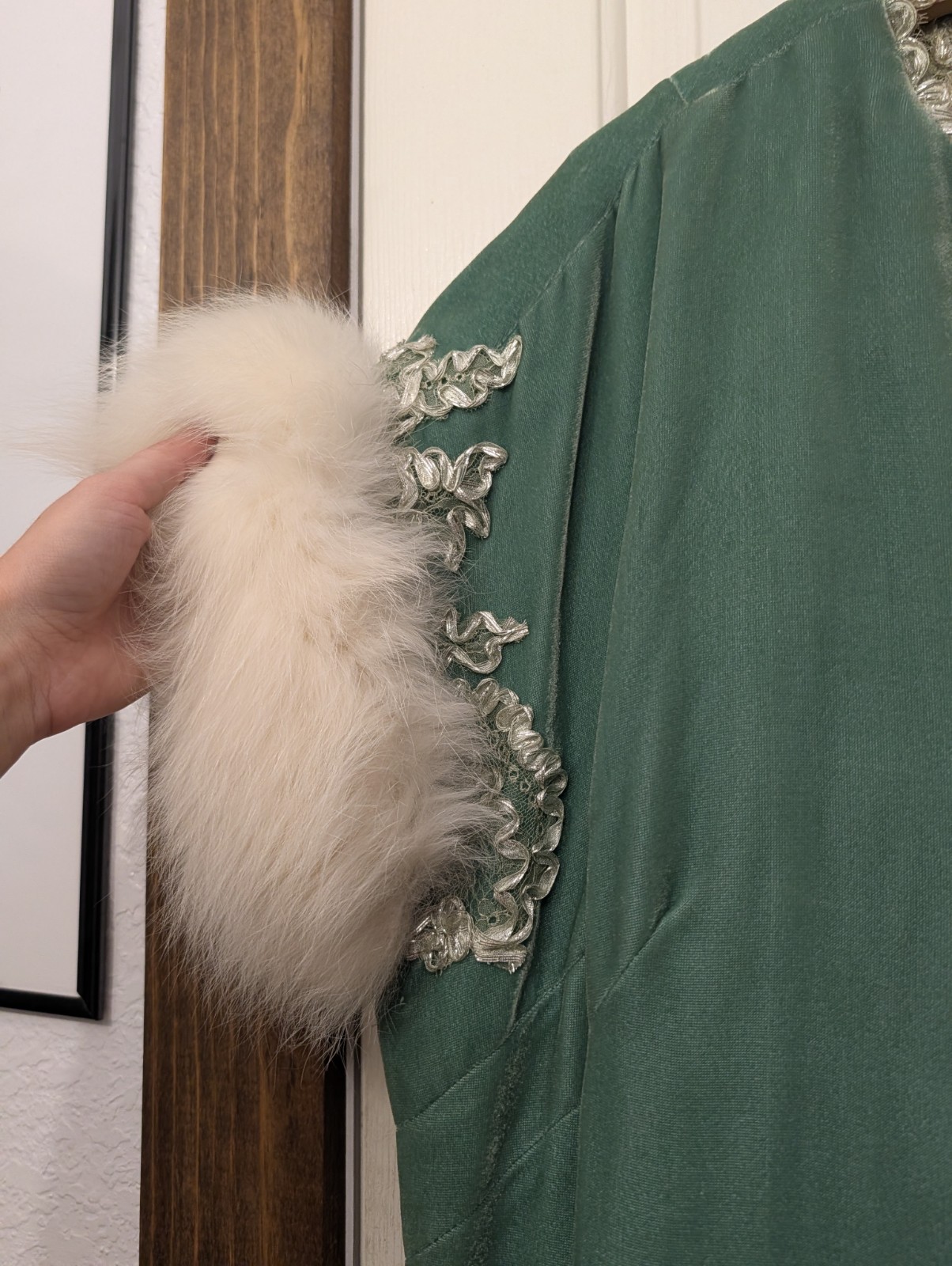 Vintage Handmade Green Beaded Evening Gown Size 0 w/ Coat Fur Accessories AS IS