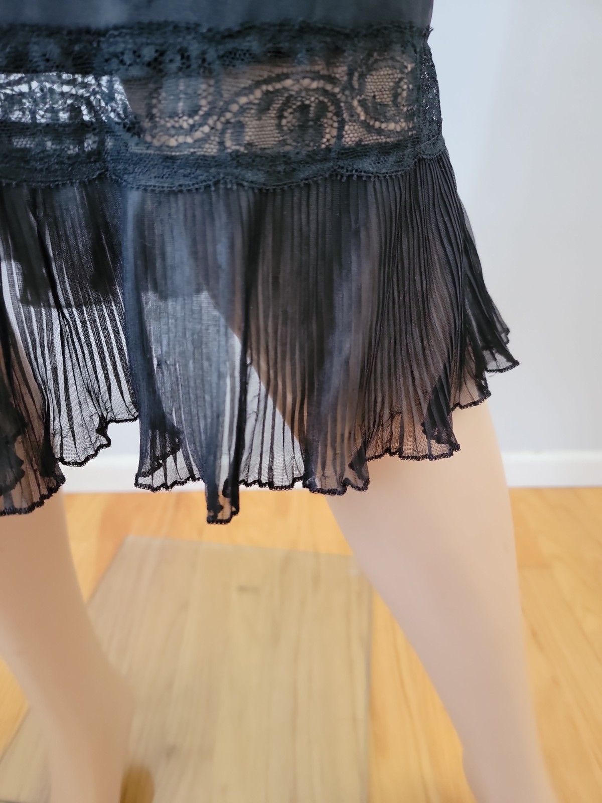 Vintage Charmode All Nylon Black Full Slip Pleated/Lace Detail Size 36 Tall