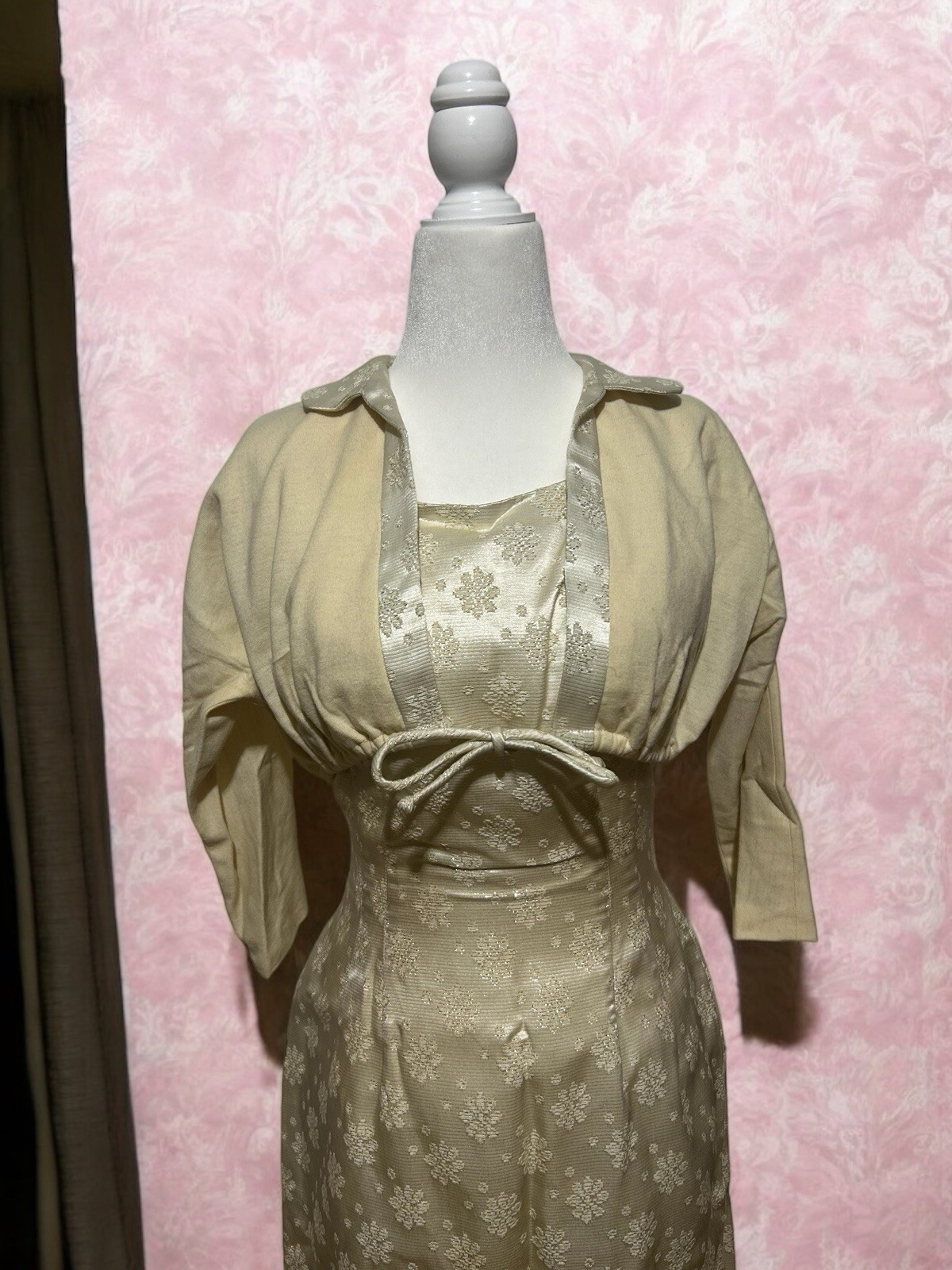 Vtg 1950s Dress Set 26W Satin Brocade Cotton Bolero Pin Up Gold Hollywood Glam