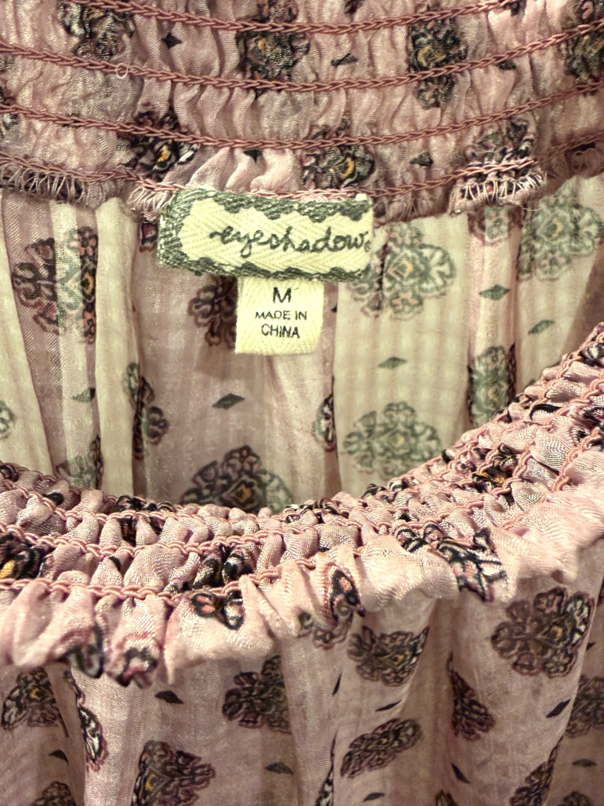 Vintage Boho Smocked Off The Shoulder Blouse M Mauve Pink Lace Ruffle Festival