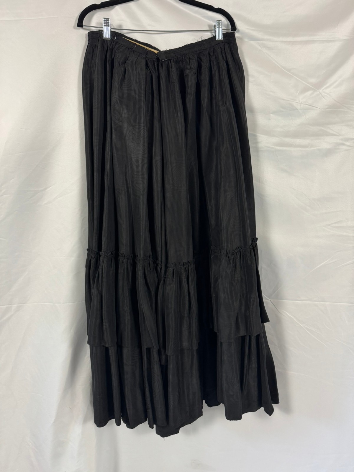Antique Victorian Black Silk Moire Skirt Ruffle Adjustable Hook Waist
