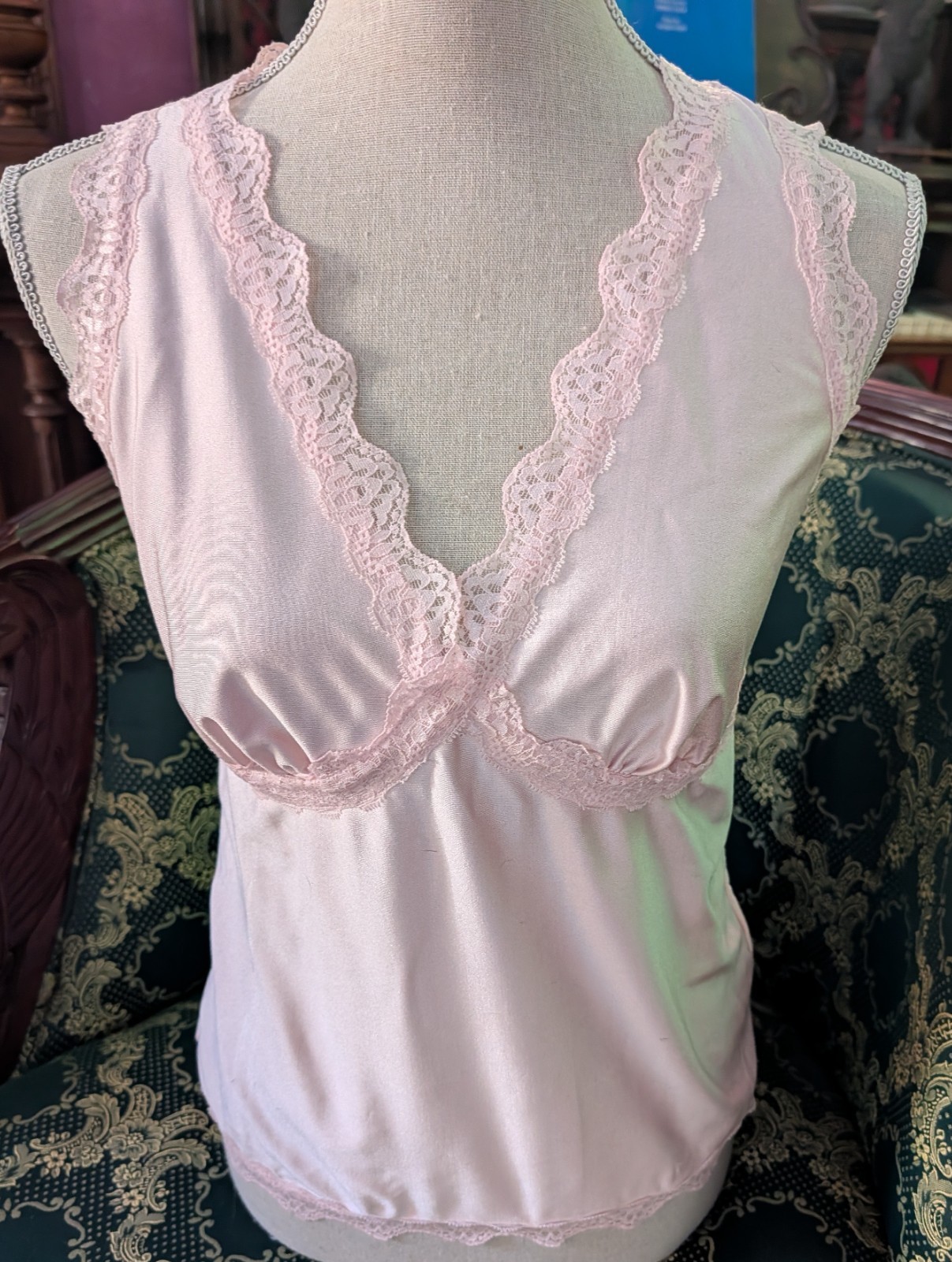 Pink Cami Top Sz S Lace Trim Shimmery Deep V Neck Y2K Coquette Fairy