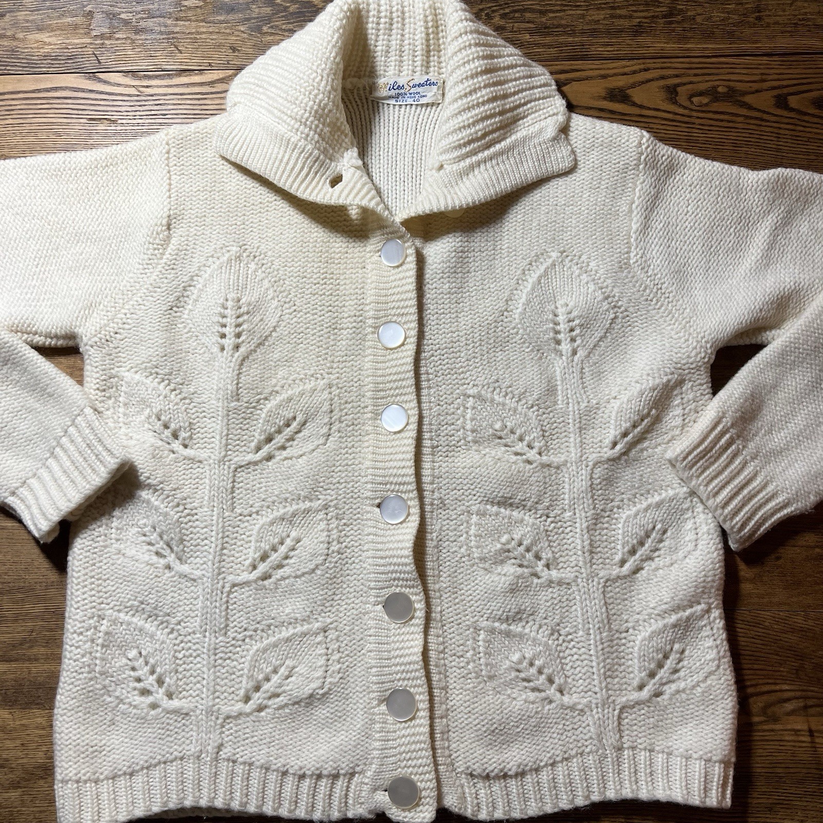 Vintage 60s Miles Sweaters Leaf Pattern Knit Cardigan Shawl Collar Wool Sweater
