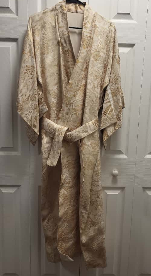 Vtg Gold Metallic Brocade Kimono Robe Japan Landscape Jacquard Lined Long 81.5&Prime;