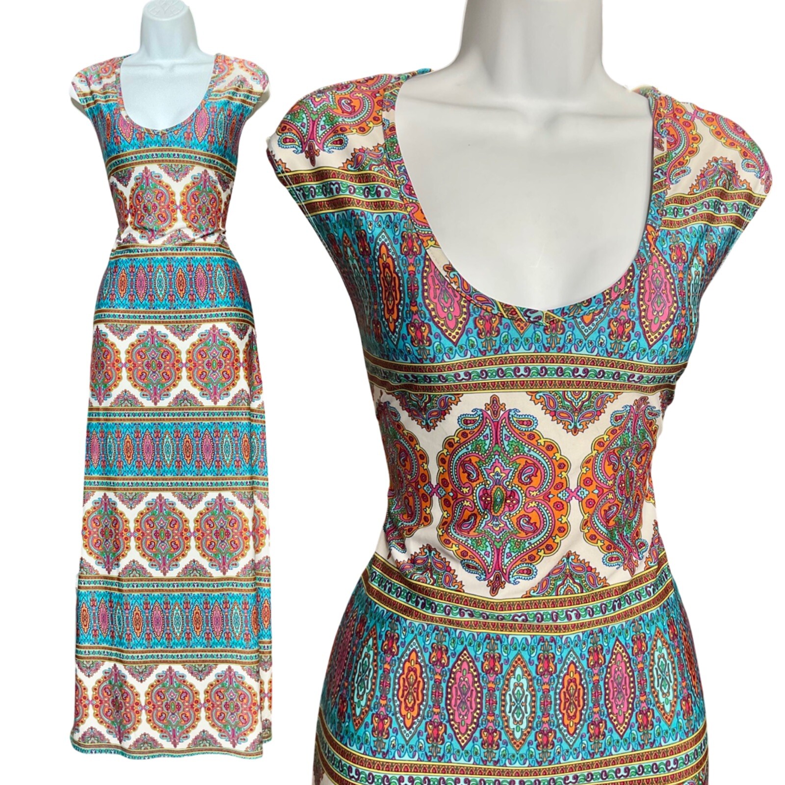 Vintage 1990s Striped Paisley Bodycon Maxi Dress Stretch Streetwear Column S/M