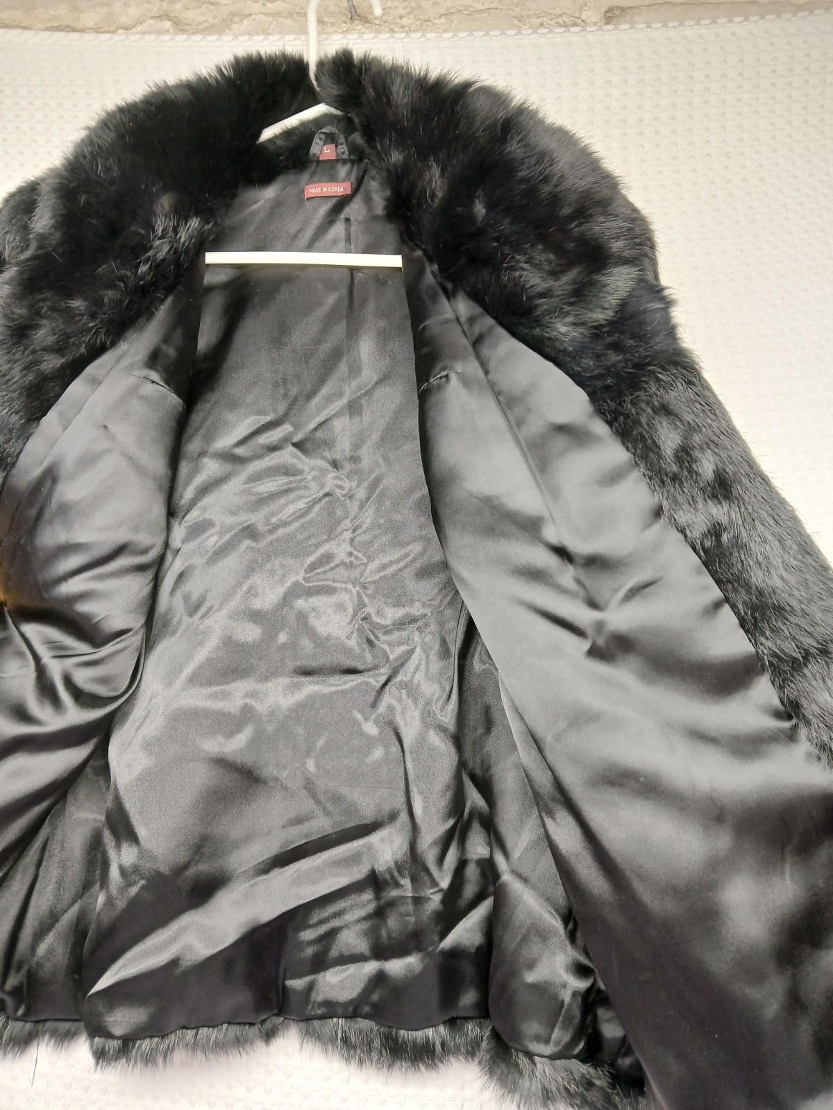 VINTAGE MULTICOLOR GENUINE RABBIT FUR SATIN LINING COAT WOMEN’S L FREE SHIP NICE