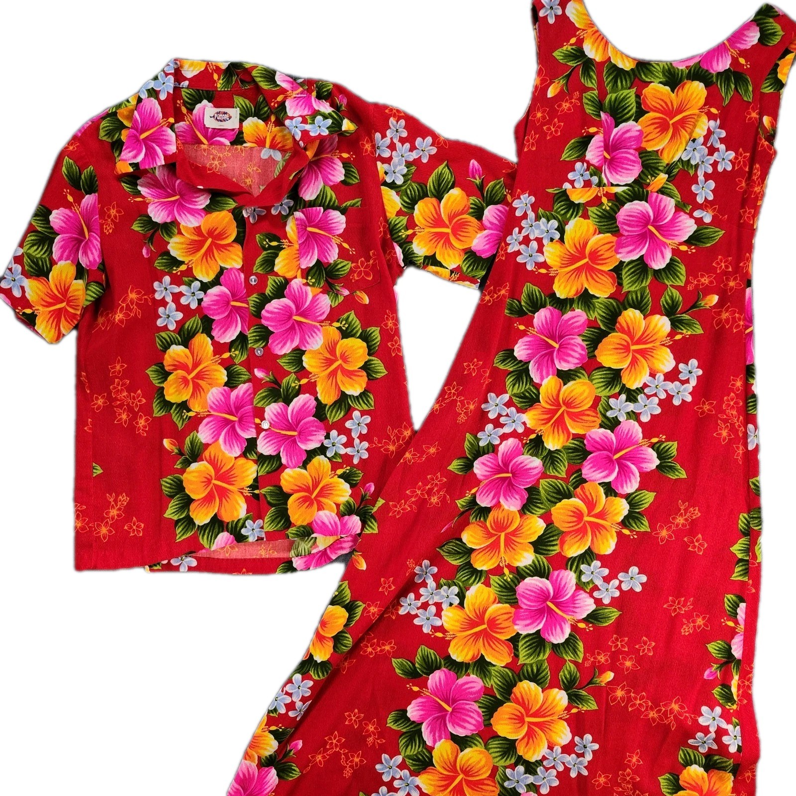 60s 70s Pomare Hawaii Tahiti Couples Maxi Dress & Camp Shirt Sz 8 Large Colorful