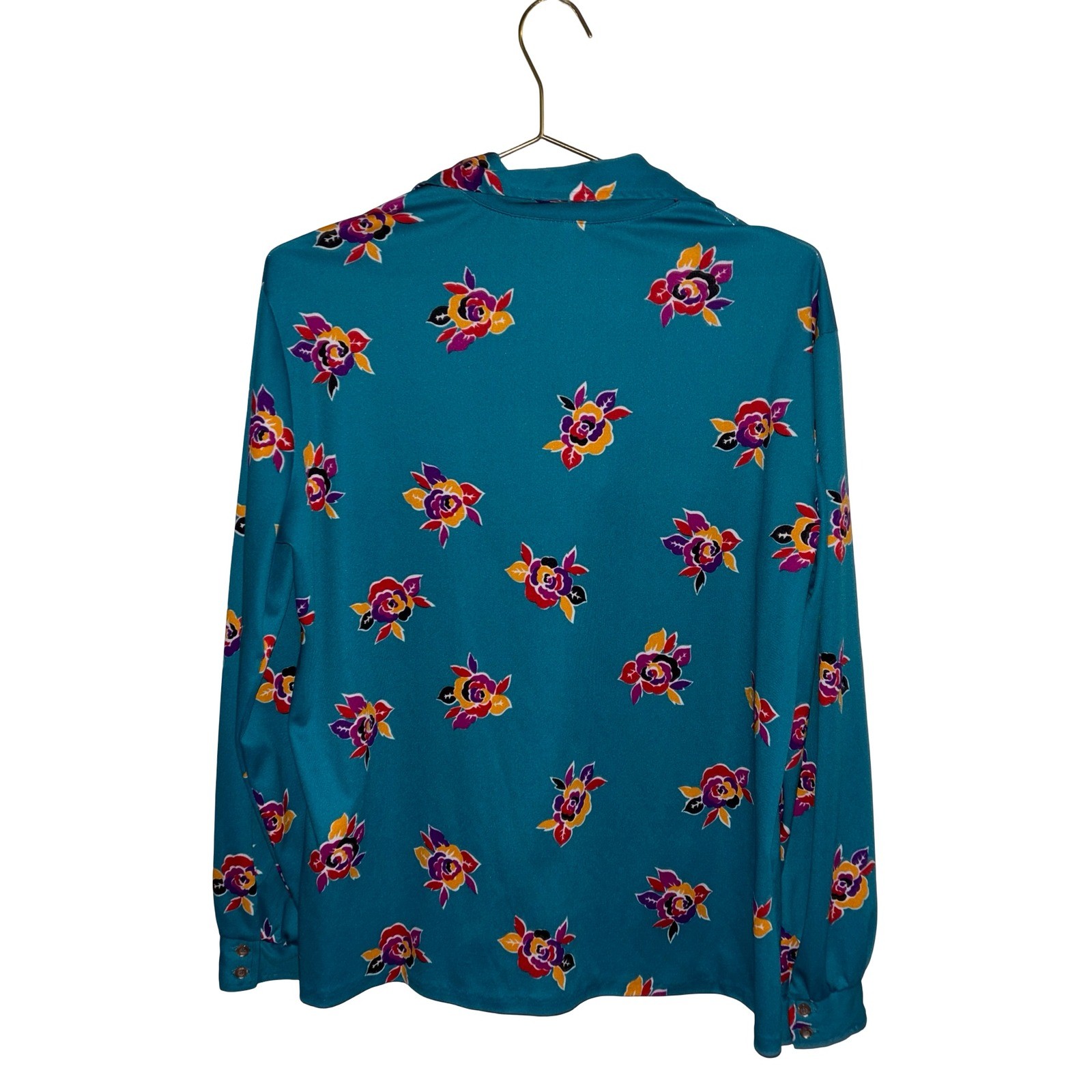 Vintage Teal Floral ButtonUp Blouse LongSleeve Retro Rose Print Top Size P2P 25&Prime;
