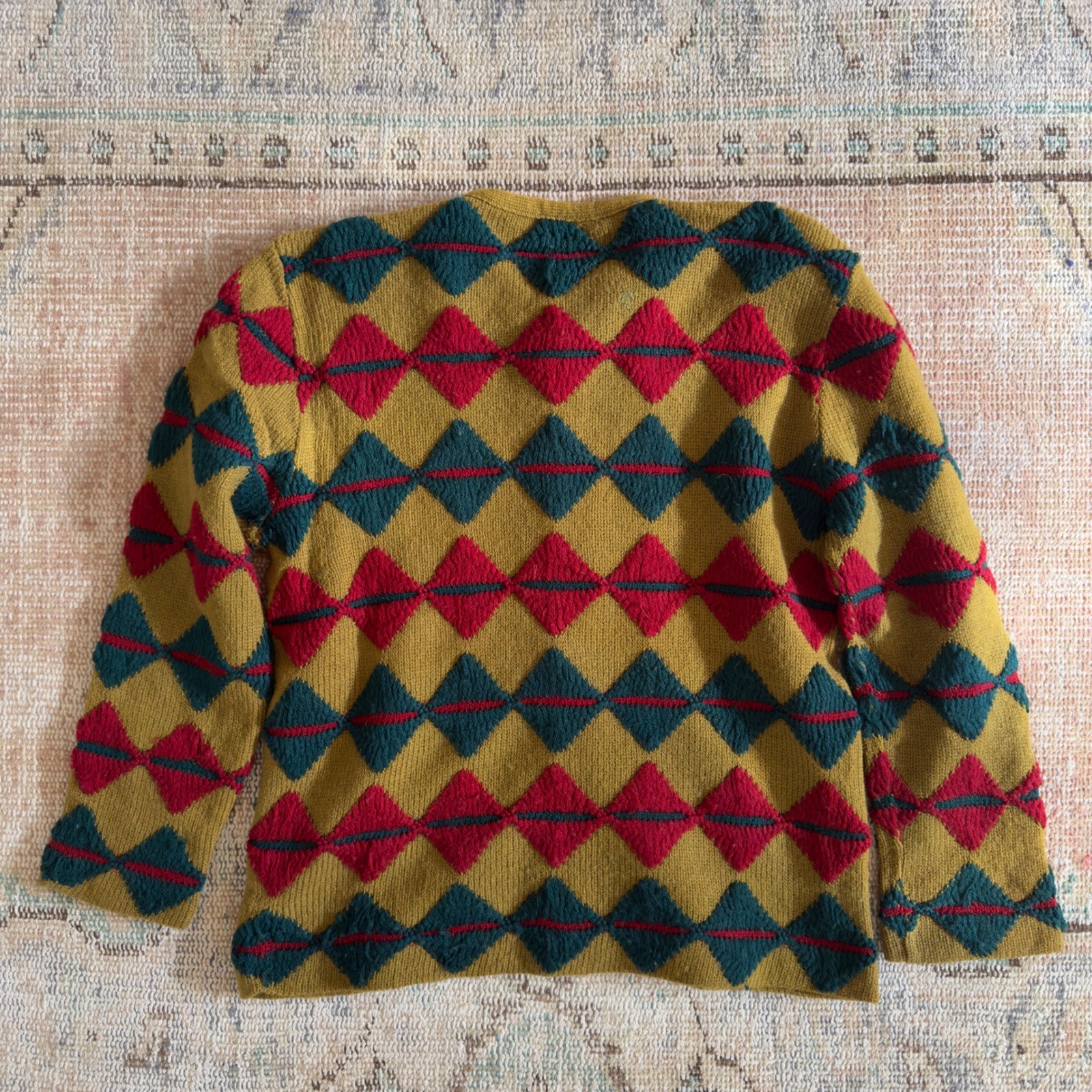 Vintage 60s Wool Blend Harlequin Diamond Zip Up Cardigan Sweater Green Red Teal
