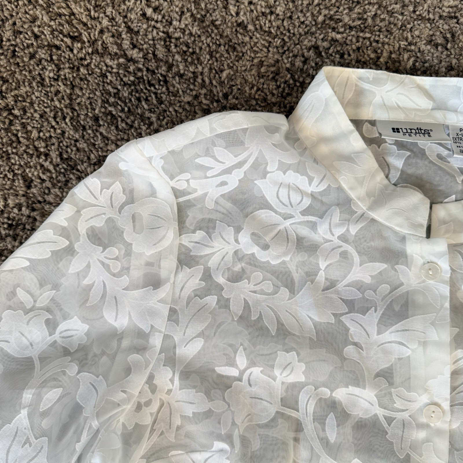Vintage Sheer White Floral Fabric Buttoned Tunic Top By UNITS Size PXL