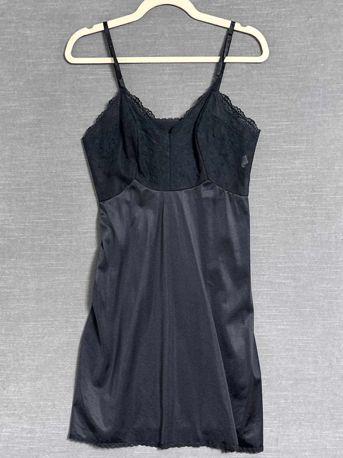 Vintage Vanity Fair Slip Dress 34 Black Satin Lace Pinup Coquette 50s 60s