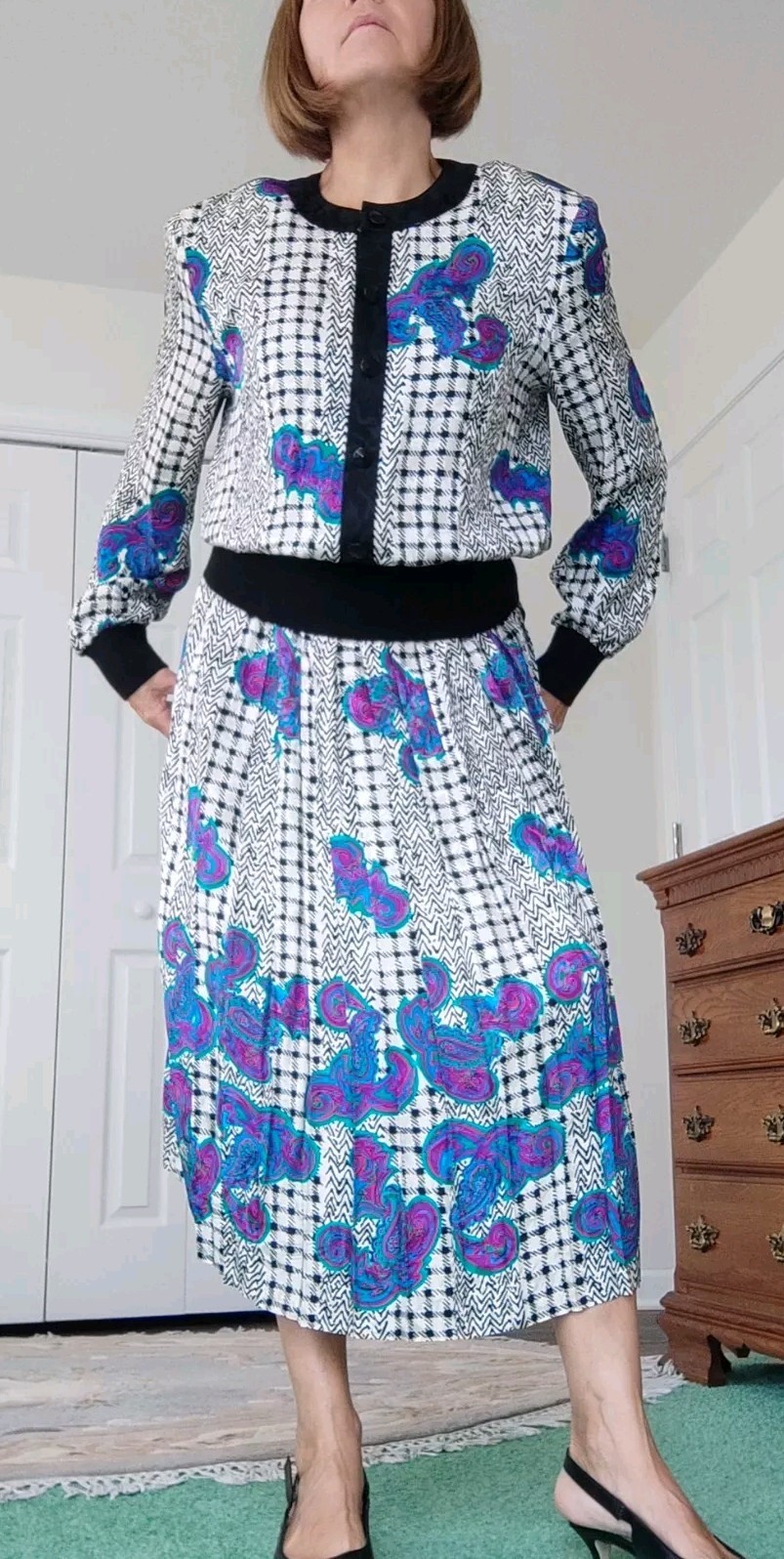 🎄🎁VTG Silk 💯 2 Piece Set Bomber Jacket & Pleated Skirt Sz 12 Check & Paisley