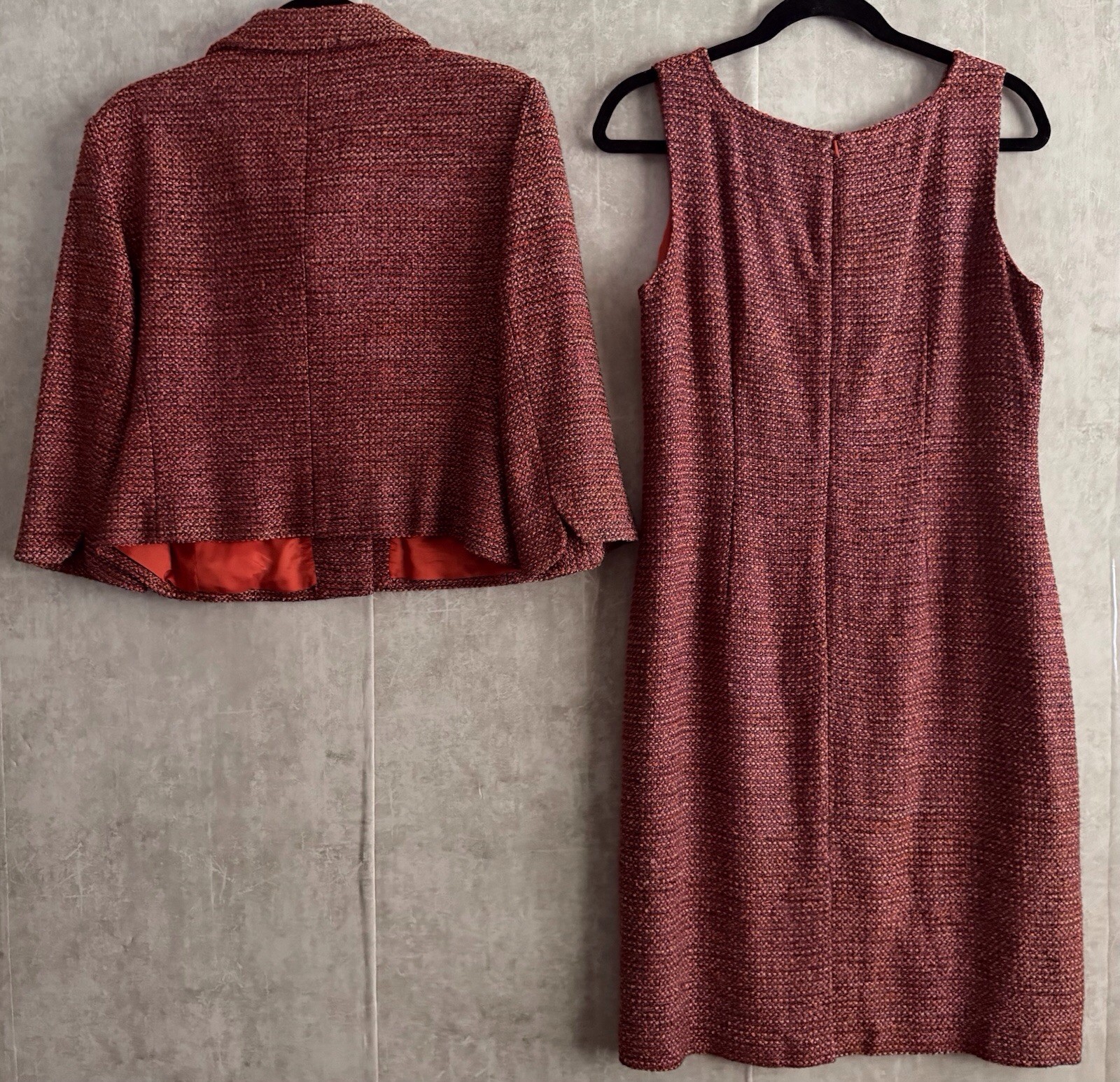 Talbots 2pc Silk Blend Multi Rasberry/Wine Tweed Sheath Dress Jacket Set Sz12P