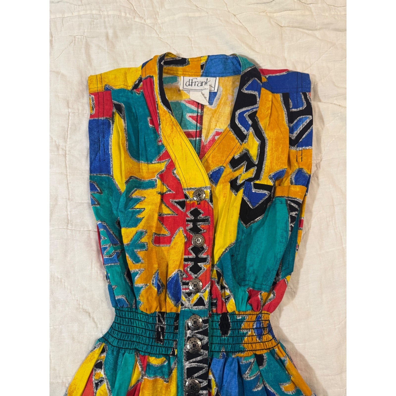 Vintage d.Frank 80s Geometric Primary Color Button Front Cotton Romper Size 8