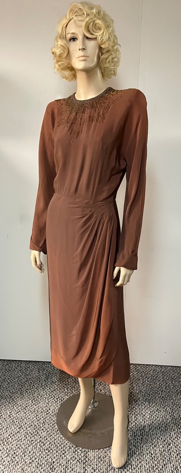 Vintage 1940s Copper Rayon Starburst Beaded Neckline Cocktail Dress Bust 38-39