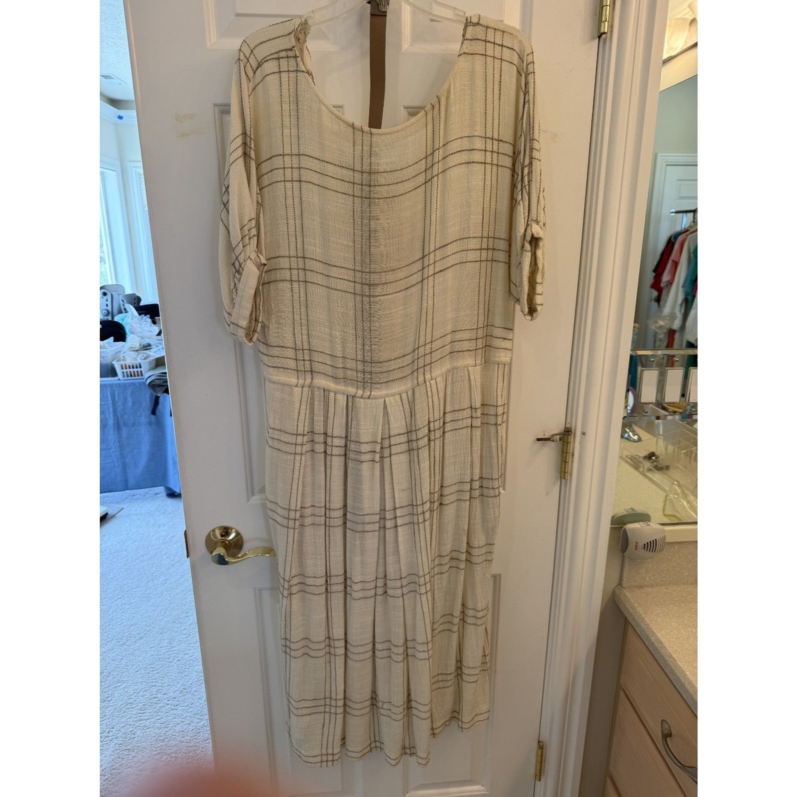 Plaid Button Front Midi Dress with Belt Cream Brown Plaid Size L/XL