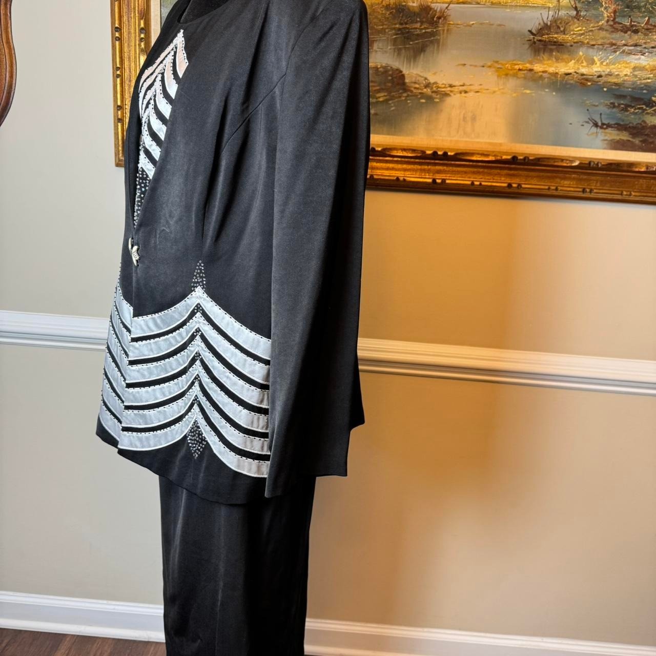 Proverbs Vintage 3 Piece Skirt Suit Black Silver Rhinestone Chevron Womens 18W