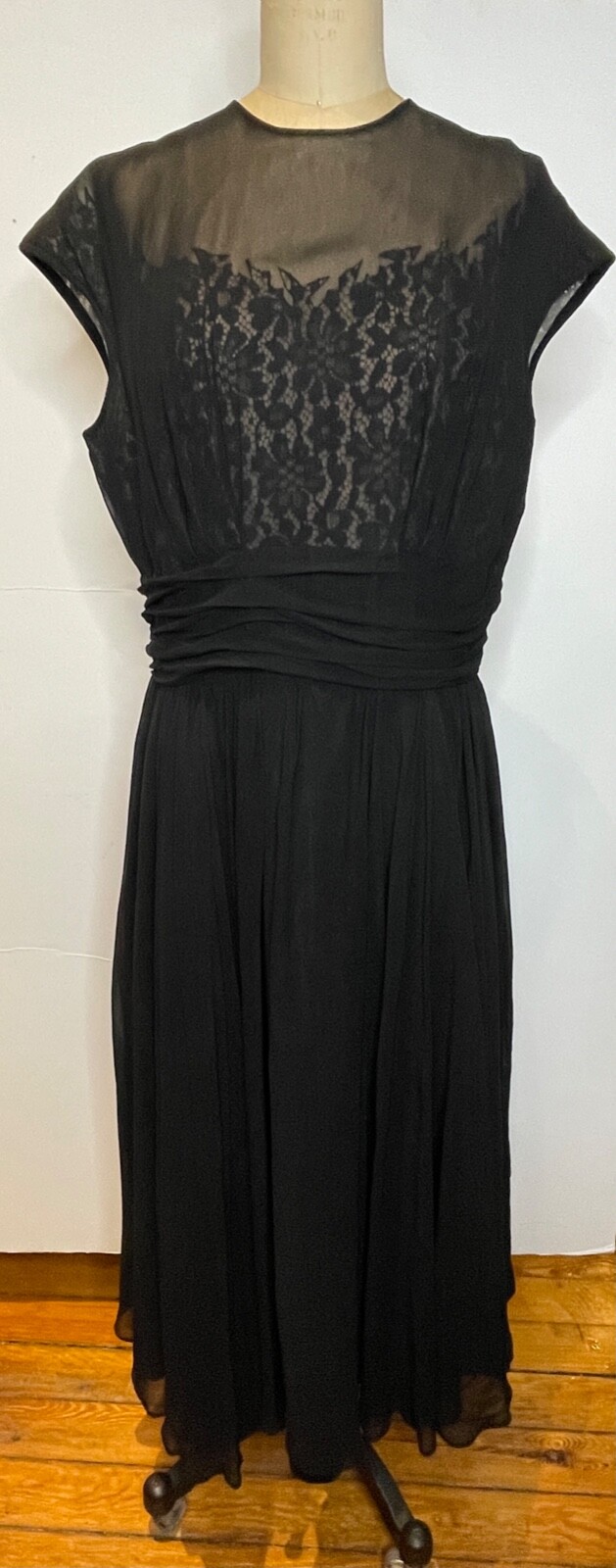 VTG 50&rsquo;S-60&rsquo;S BLACK CHIFFON&LACE/ NUDE FULL CIRCLE SKIRT COCKTAIL PARTY DRESS*M