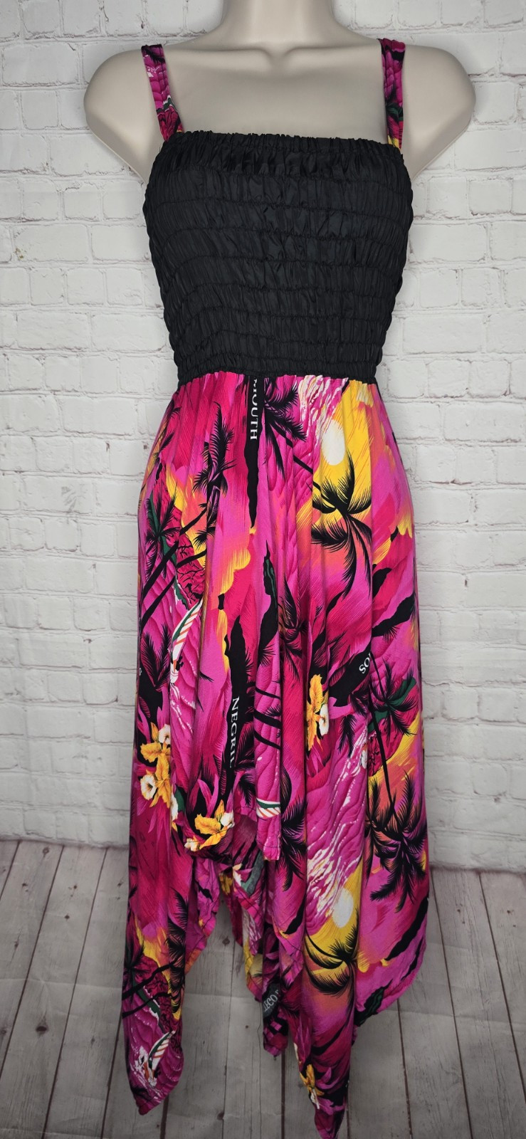 Vtg 90s Pink Black Smocked Tropical Jamaica Sundress Hankercheif Resort S/M