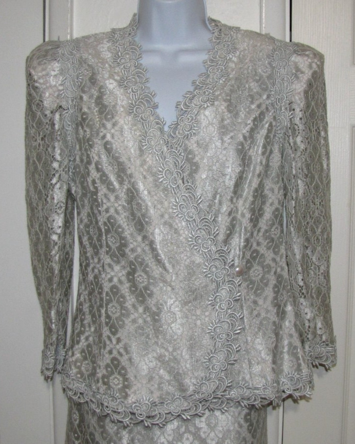Vtg 80&rsquo;s Cachet 2 Pc.Set Jacket + Maxi Skirt Pale-aqua Lace Lined Women&rsquo;s 9/10