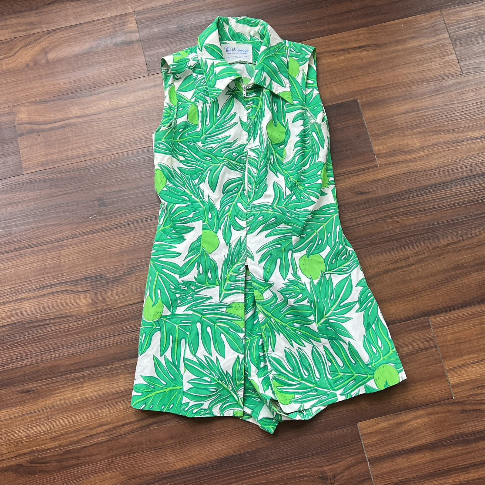 Vintage Ruth Clarage Green Palm Leaves + Lime Tunic + Hot Shorts Resort Set XS