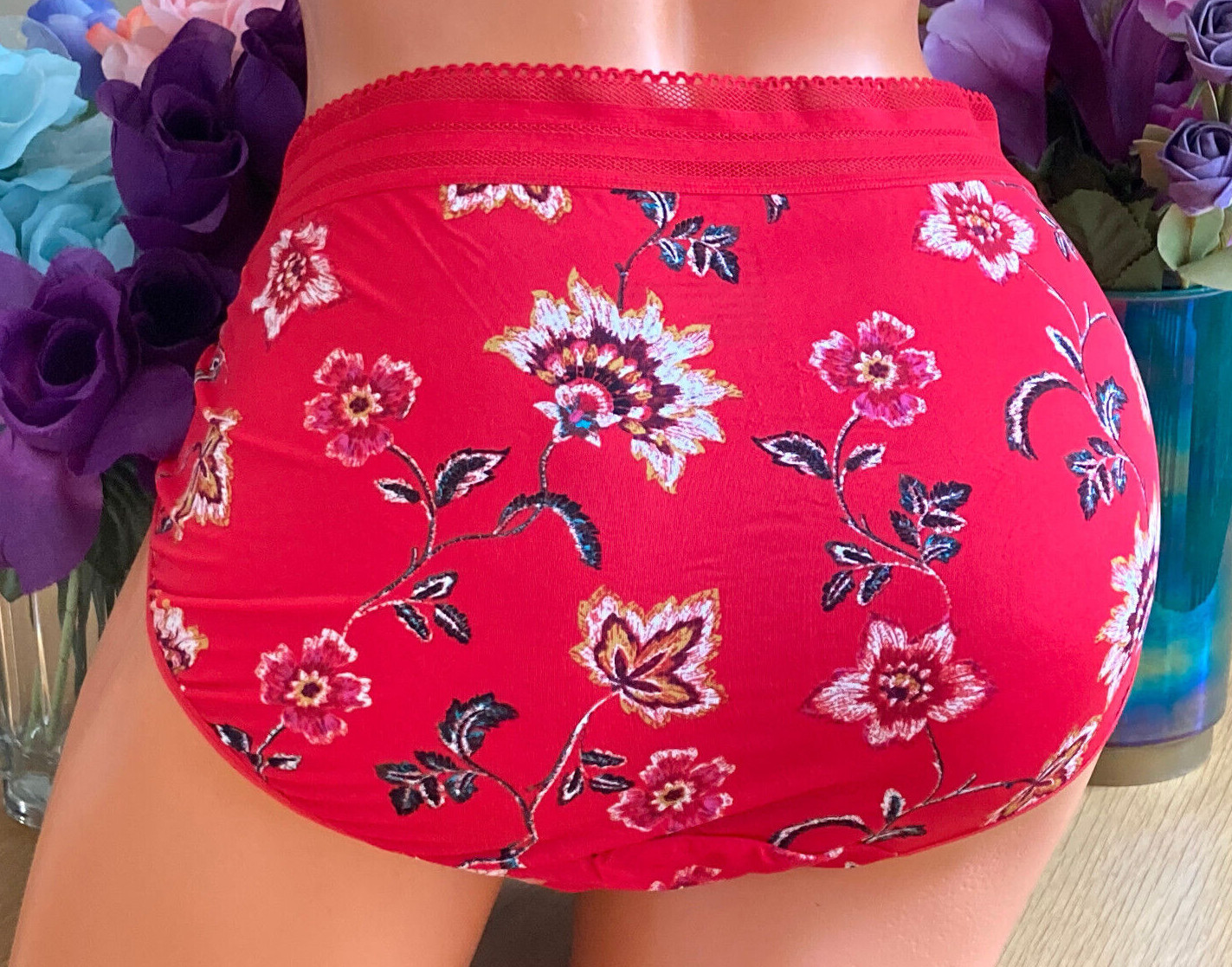 722 CACIQUE 22/24 Silky Smooth Red Floral Hipster Panty #4855