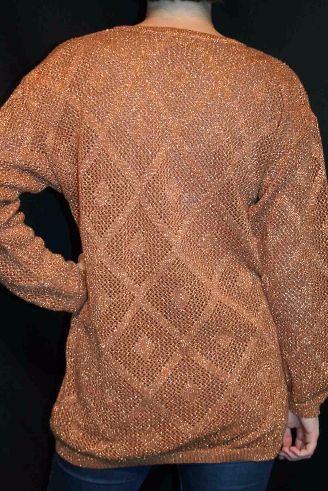 S Vtg 80s Metallic Sweater Copper Geometric Open Knit Cotton David Long Tunic