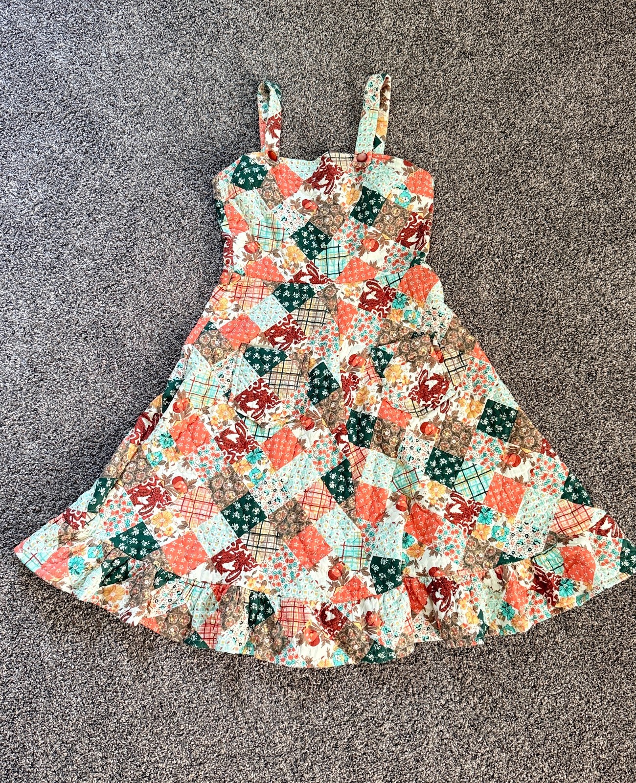 Vintage Handmade Patchwork Prairie Dress Pockets Snap Straps Cottagecore