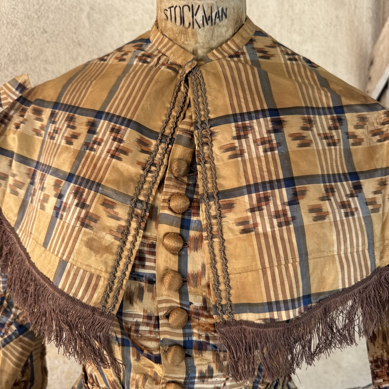 Antique Victorian Brown & Blue Plaid Silk Dress & Cape 1860s Vintage