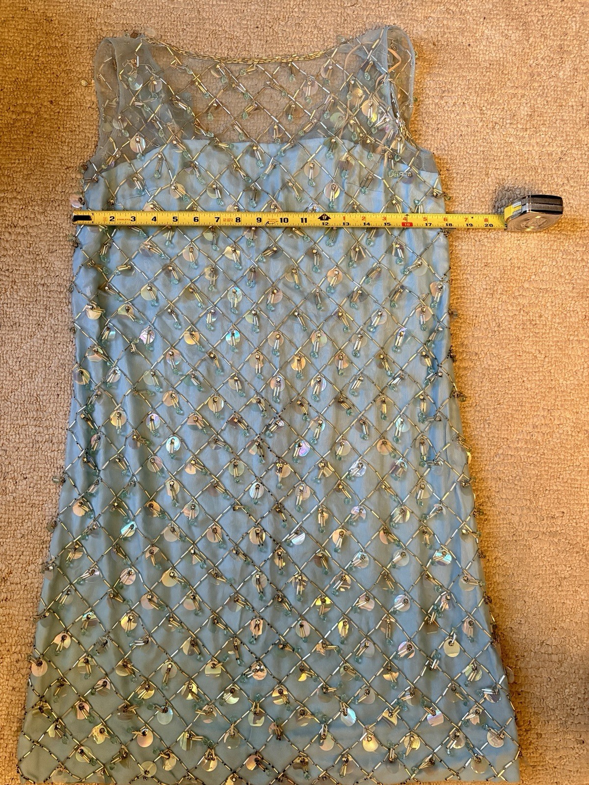 Vintage Blue Sleeveless Sequin Beaded Mesh Shift Dress Cocktail Eveningwear 10