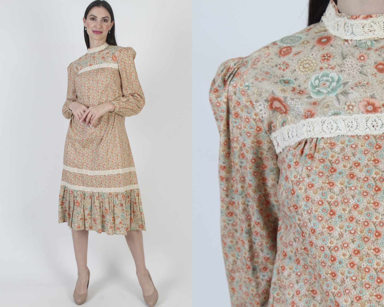 Vtg Autumnal Calico Prairie Dress Crochet Lace Cottage Peasant Country Midi