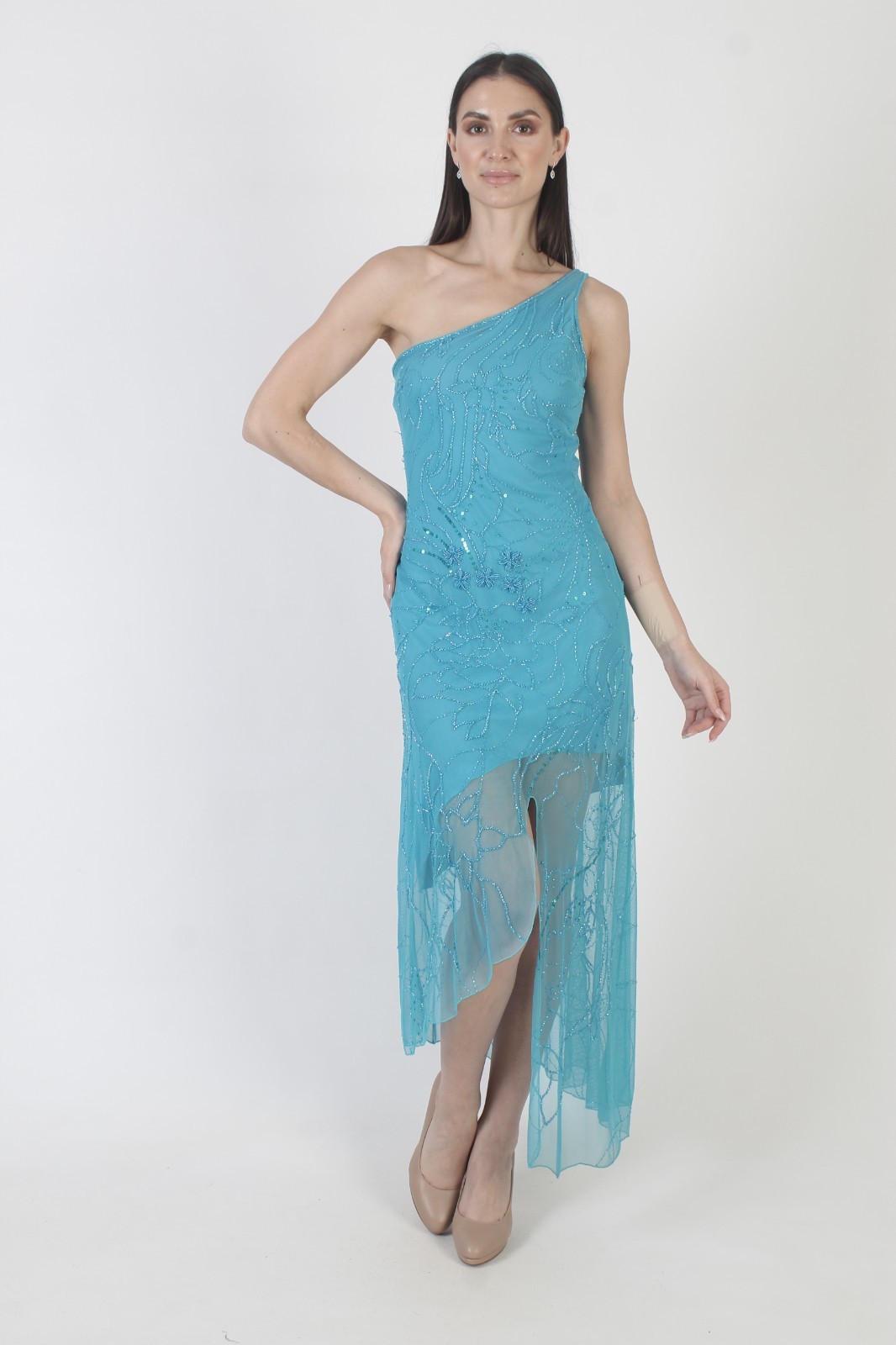 Cache One Shoulder Beaded Dress Vtg Y2K Asymmetrical Hi Low Cocktail Prom Gown S