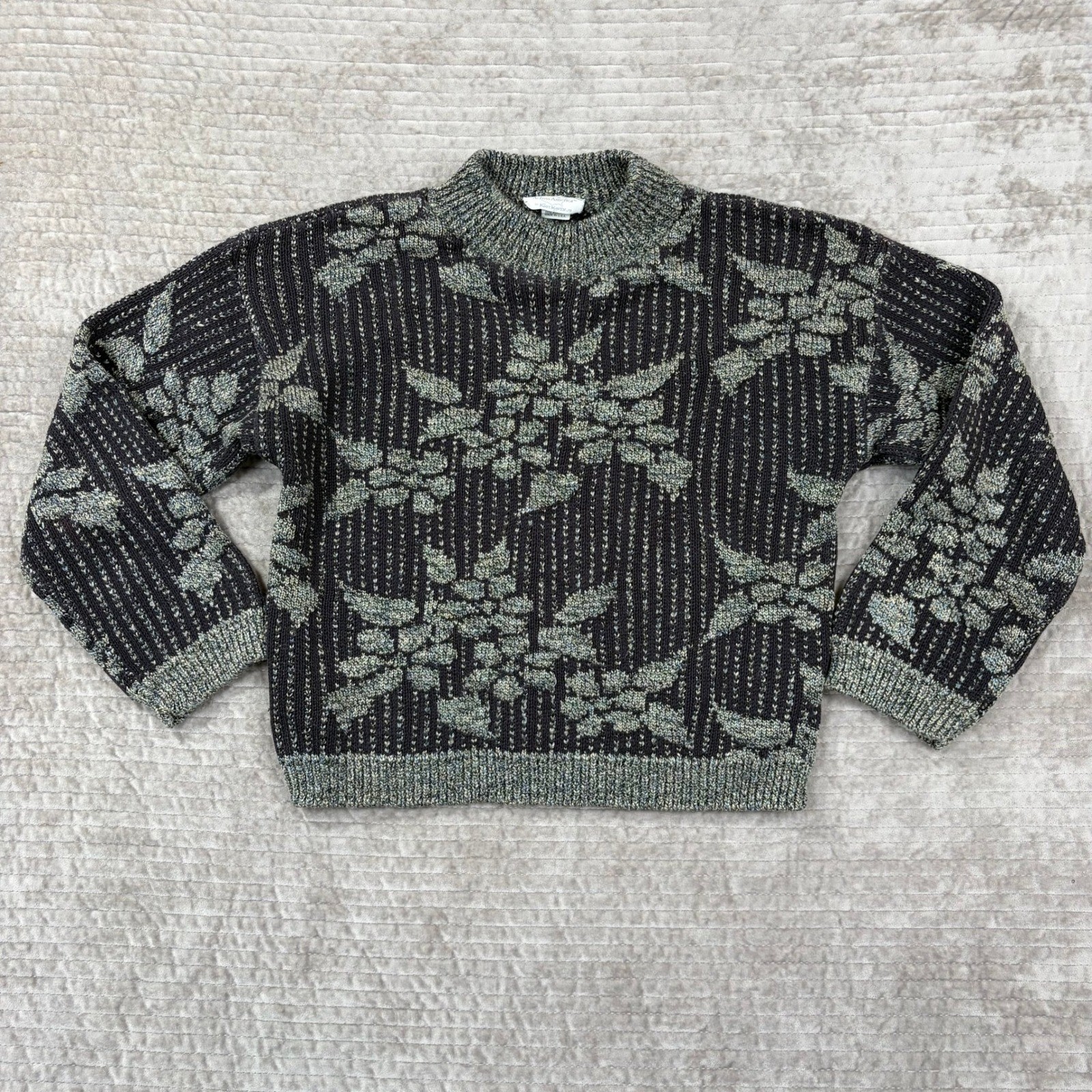 Vintage Across America Knit Maven Floral Jacquard Sweater Green Black USA Made